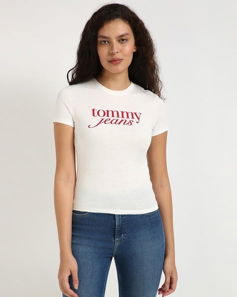 Women Essential Brand Print Slim Fit Crew-Neck T-Shirt - Main Image