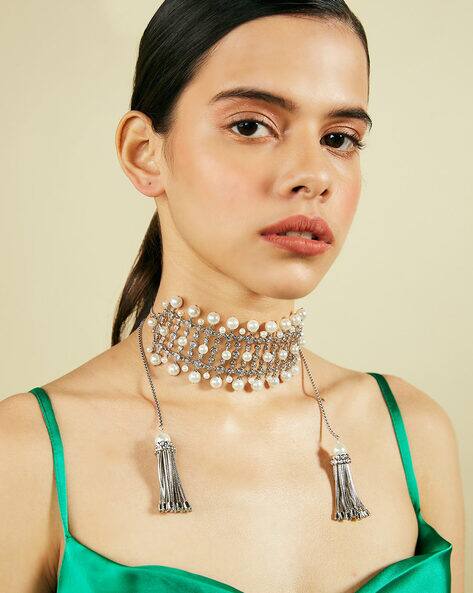 Buy Isharya Crystal Pearl Tassel Choker Gold Necklace White