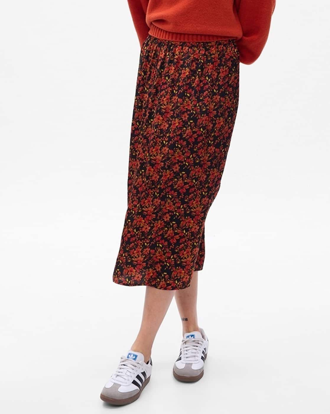 Floral Print Pull-On Midi Skirt