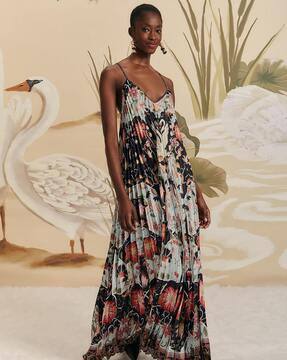farm rio flowing beauty pleated dress Farm Rio Flowing Beauty Sleeveless Pleated Midi Dress