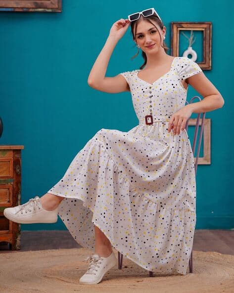 slim fit dress slacks Brown with White and Blue Polka Dot Fit n Flare Dress