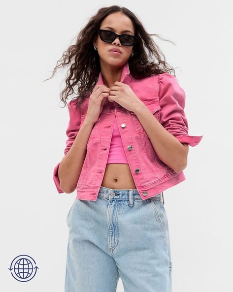 Womens Jackets Pink Cropped Jean Jacket Barbie Puff-Sleeved Denim Jacket