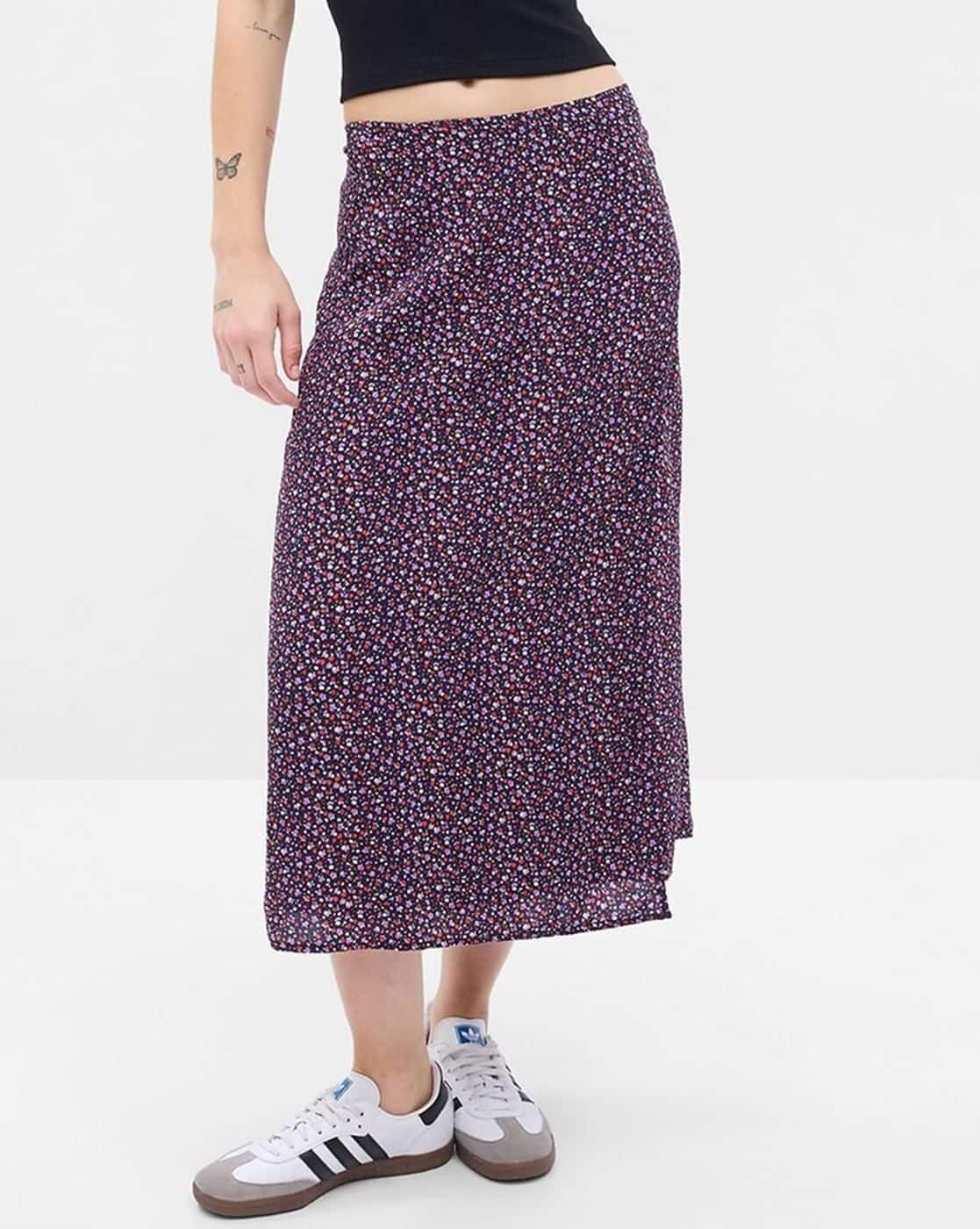 Floral Print Wrap Midi Skirt