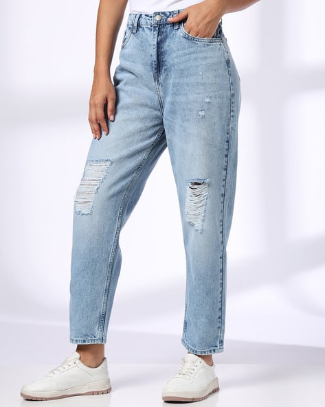 Dnmx Mid Blue High Rise Mom Fit Ripped Jeans Buy Blue Jeans