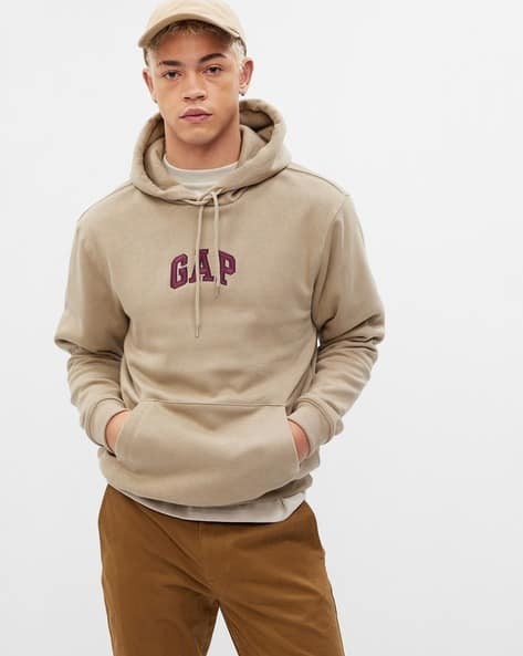 Ajio Brown Logo Gap Hoodie Men Logo Embroidered Regular Fit Hoodie