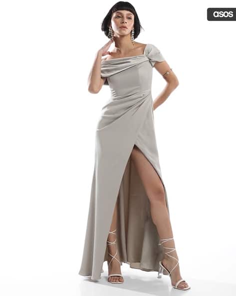 ASOS DESIGN Bridesmaid Satin Bardot Drape Wrap Maxi Dress