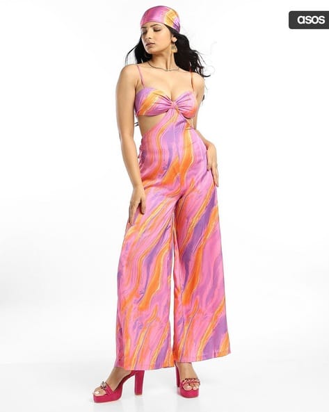 ASOS DESIGN Wide Leg Beach Jumpsuit in Sunset Marble Print with Head Scarf