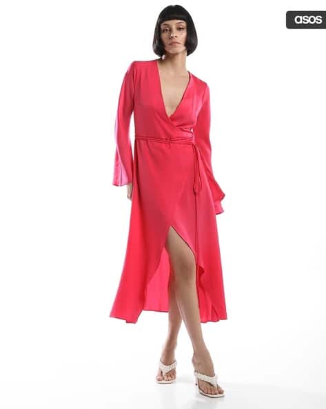 Bias Cut Satin Midi Wrap Dress with Tie-Up Waist