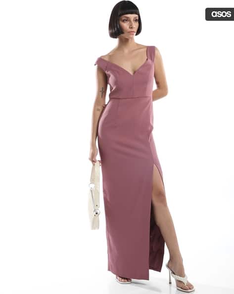 Bridesmaid Crepe Bardot Column Maxi Dress with Split