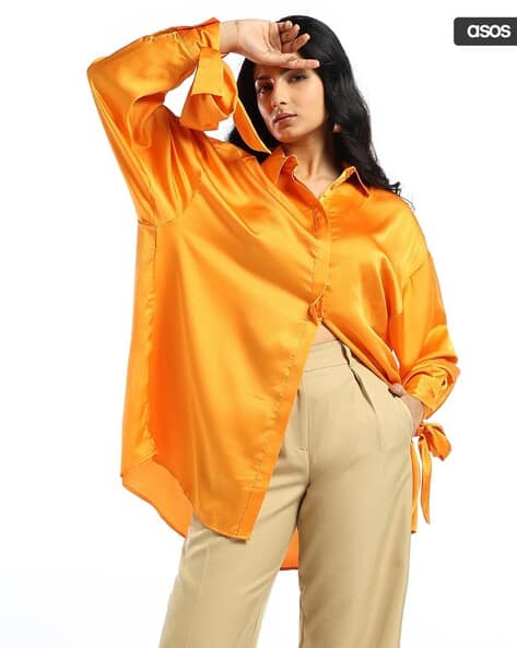 ASOS DESIGN Oversized Satin Shirt with Tie Cuff Detail