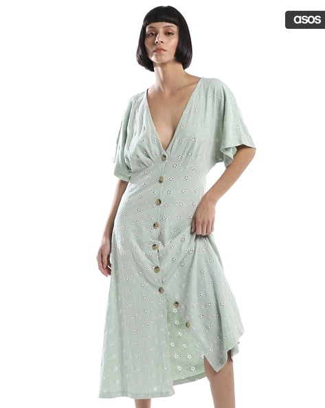 asos green broderie dress ASOS EDITION waisted broderie midi shirt dress with puff sleeve in lime green
