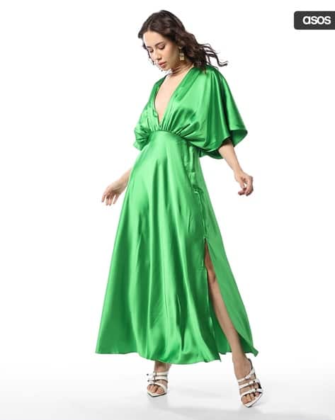 green emerald velvet dress ASOS DESIGN Drape Midi Dress With Wrap Detail In Green