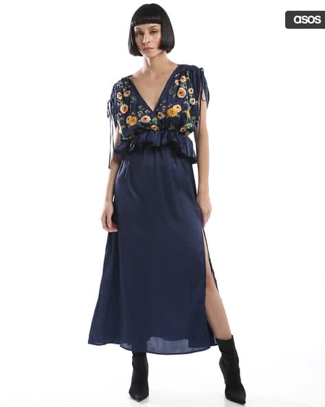 Buy ASOS DESIGN Embroidered Satin Sheath Dres... Online