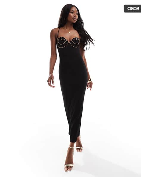 Bronze Diamante Trim Cup Detail Midi Dress