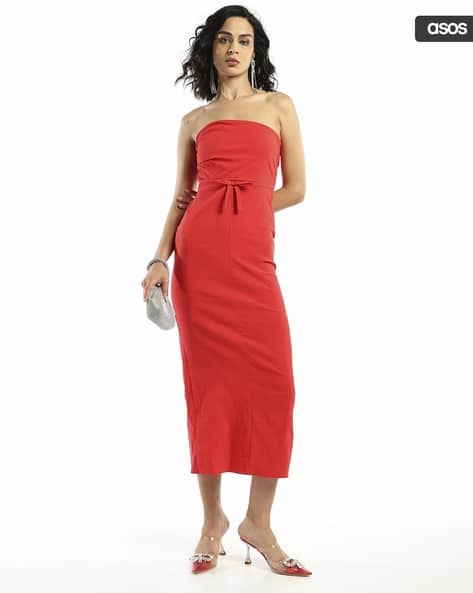 open lace back dress Eva | Red Bardot Bow Detail Maxi Dress with Thigh Split main image 0