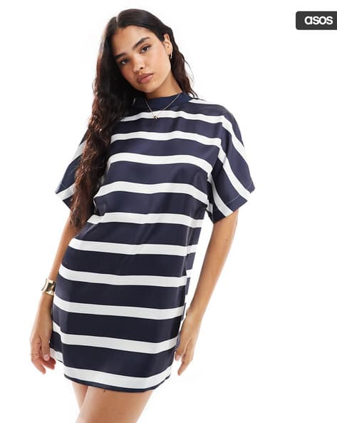 Striped Satin Oversized Mini T-Shirt Dress