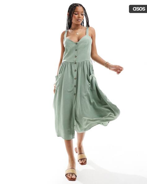 ASOS DESIGN Linen Natural Button Through Midi Dress with Pockets