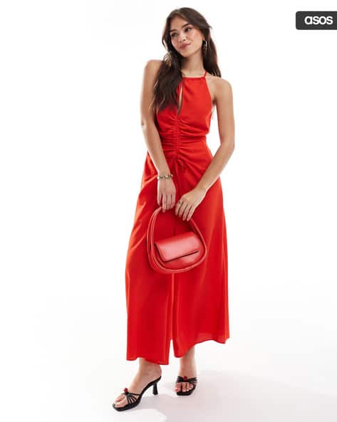 strapless open back dress Yvette Red and Pink High Neck Tiered Midi Dress