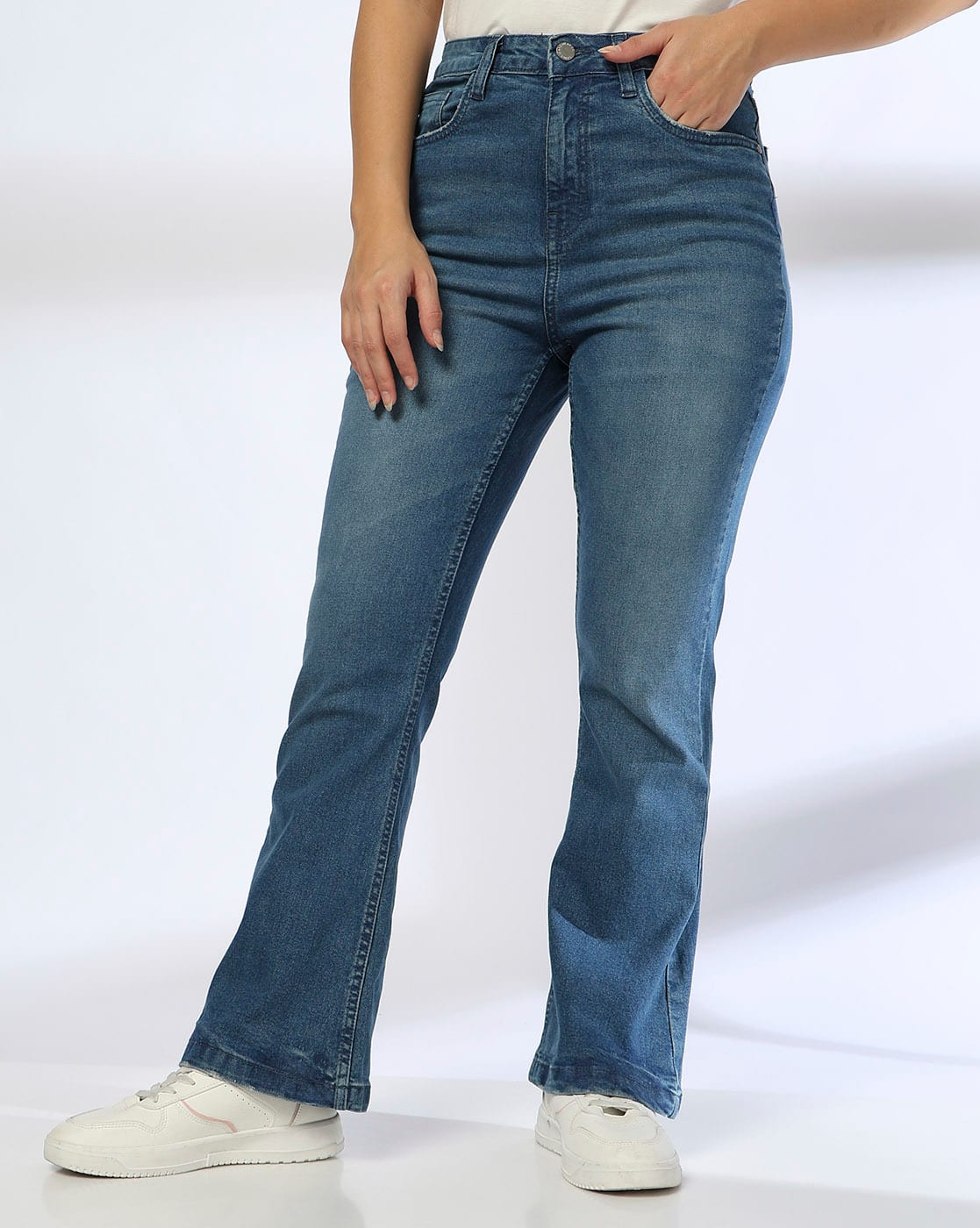 DNMX Women Mid-Wash High-Rise Flared Jeans (Blue)