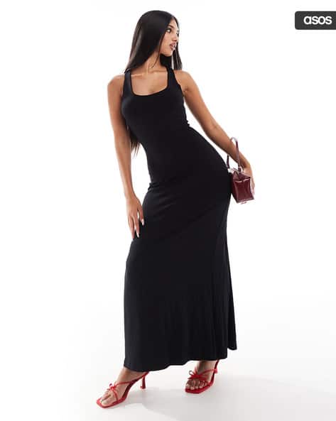 white christmas dresses ASOS DESIGN Satin High Drape Neck Maxi With Long Sleeves In Navy main image 1