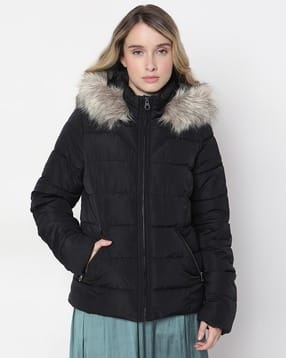 vero moda Women Regular Fit Fur Hooded Puffer Jacket-picture-21