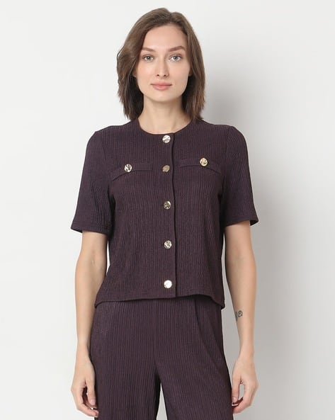 Vero Moda Women Plum Crinkle Weave Relaxed Fit Top