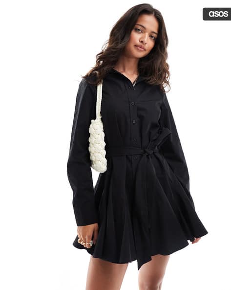 open lace back dress Asos Design Pleated Blouson Sleeve Mini Dress With Belt Detail In Cobalt