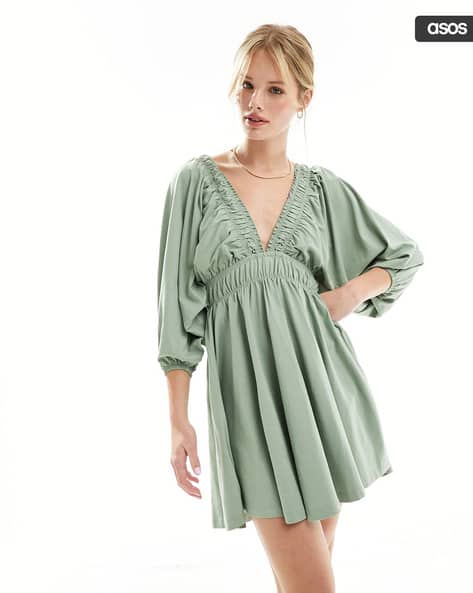 satin green homecoming dress Rent Asos Design Curve Embellishment Mini Dress With Blouson Sleeve In Green main image 1