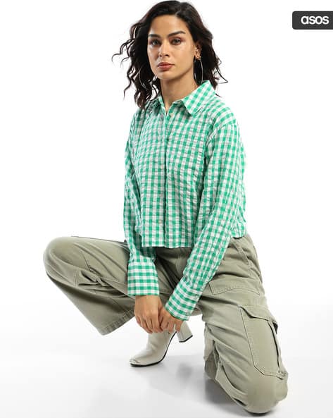 Gingham Print Linen Look Crop Shirt Co-Ord