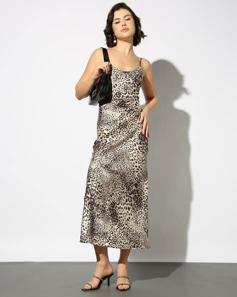 Midi Dress Satin Leopard Slip Dress Bardot Printed Satin Slip Midi