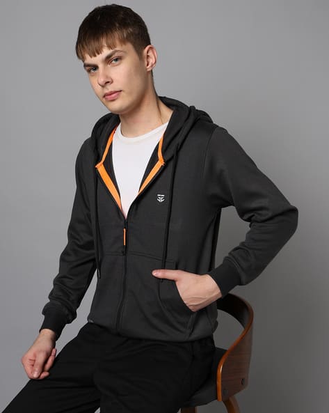 Men Zip-Font Regular Fit Hoodie
