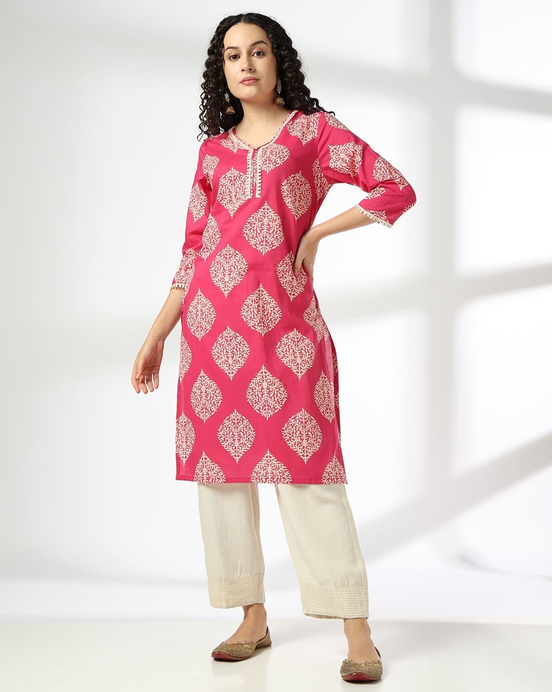 AVAASA MIX N' MATCH Women Block Print Straight Kurta For Women (Magenta, S)