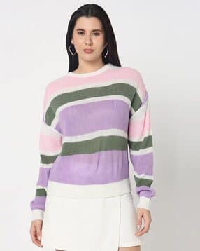 r&b Women Striped Crew-Neck Cardigan-picture-44