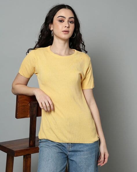 Women Ribbed Flat Knit Slim Fit Pullover