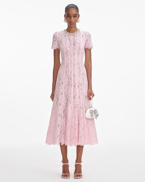 Buy Self Portrait Women Floral Lace Midi A-Line Dress | Pink Color