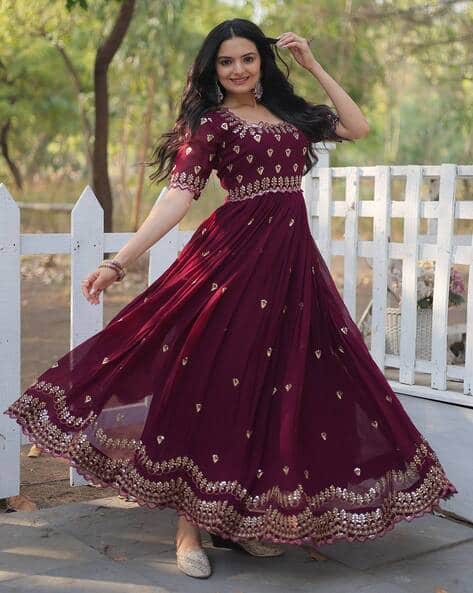 chinese dress ladies Maroon Handspun Cotton A-Line Front Slit Maxi Dress 40