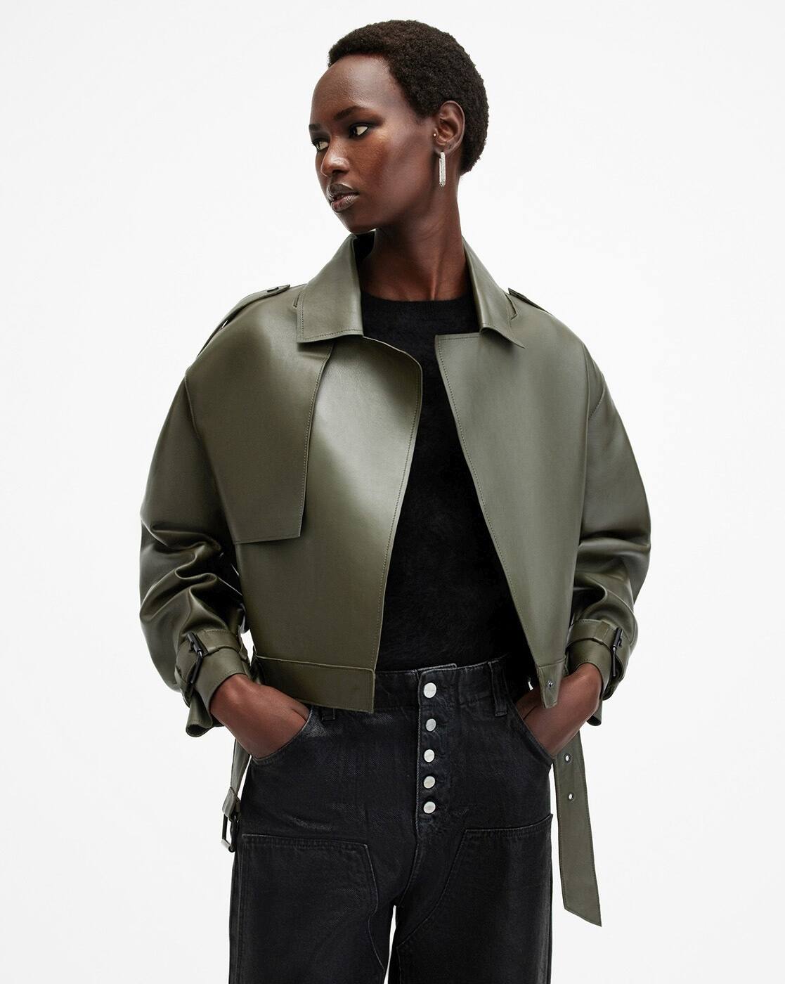 Buy ALL SAINTS Ophelia Cropped Bonded Leather Jacket | Khaki Buy ALL SAINTS Ophelia Cropped Bonded Leather Jacket | Khaki