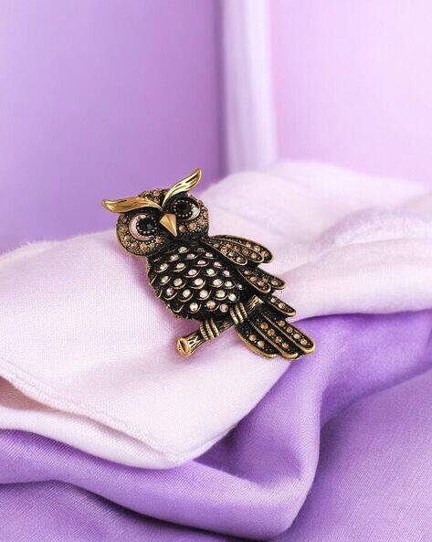 MAHI Vintage Owl-Shaped Crystal Brooch