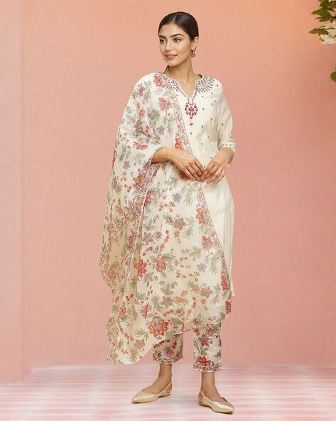 Women Embroidered Straight Kurta with Pants & Dupatta