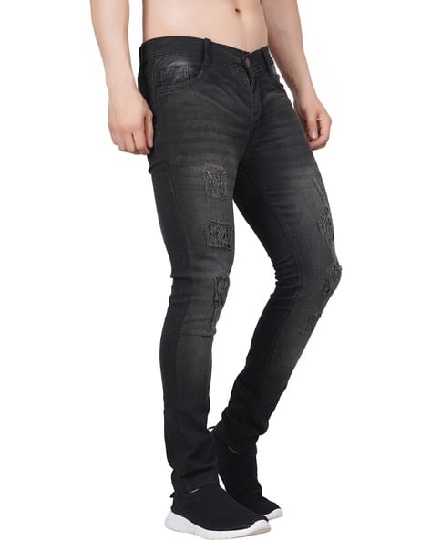 JEANCHERRY Men Lightly Washed Distressed Tapered Fit Jeans