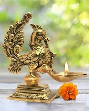 Anna Pakshi deepam Set Of 2 Pc Metal Handmade With Curved Oil Lamp Antique Peacock Deepak-image-7
