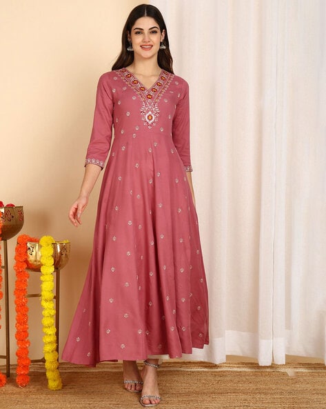 Women Yoke Embroidered Flared Kurta