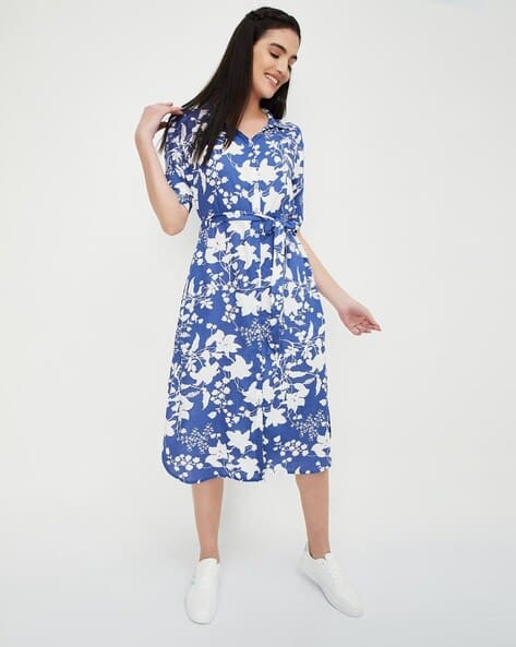 Women Printed Midi Shirt Dress with Belt
