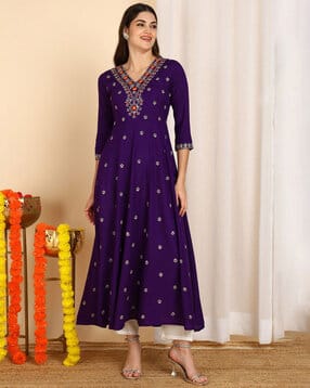 bikasaab Women Yoke Embroidered Flared Kurta-picture-35
