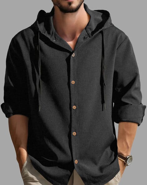 EYEBOGLER Men Shirt with Hooded Collar