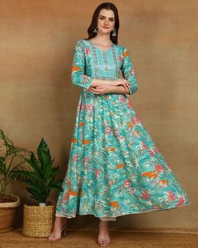 bikasaab Women Yoke Embroidered & Floral Print Flared Kurta-picture-37