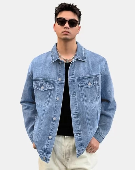 Men Regular Fit Denim Jacket with Flap Pockets