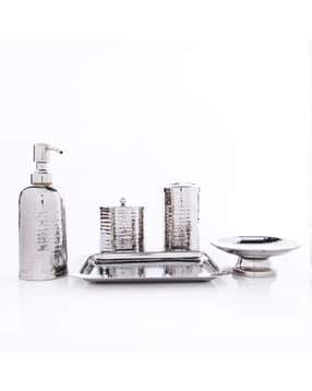 GIBOX Silver Hammered Desing Round Bathroom Accessory Set, 5 Pcs Towel Tray, Soap Tray, Cotton Utility Jar, Toothbrush Holder, Liquid Soap Dispenser-picture-14