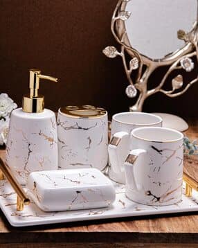 GIBOX White Bathroom Accessories Set of 6 for Home Six Pieces Bath Set for Bathroom Ceremic Luxury Bathroom Sets for Counter Top-picture-12