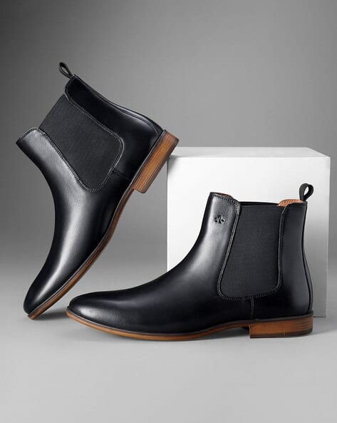 Men High-Top Leather Slip-On Boots